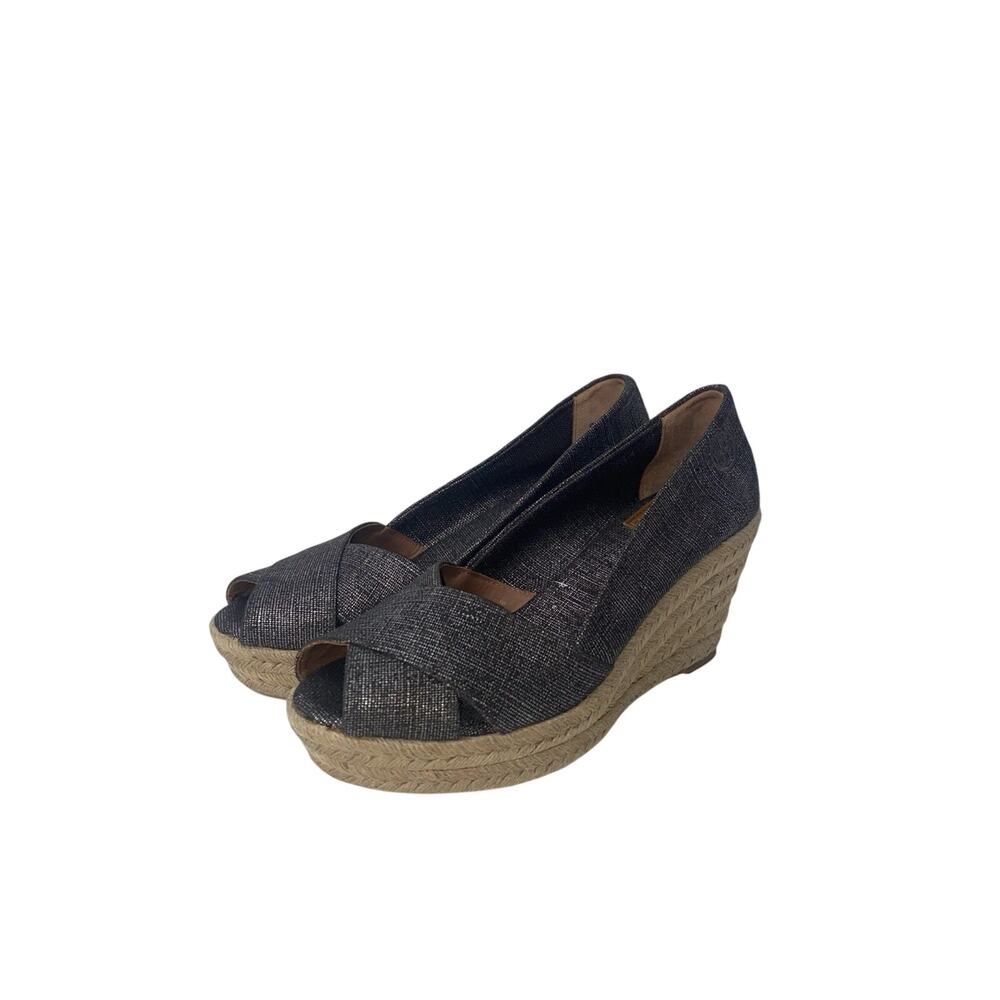 Tory Burch Filipa Canvas Pewter Grey Silver Wedge Espadrille Sandal Size 9